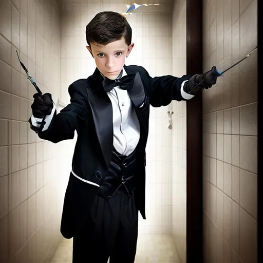 Prompt: 13 year old boy in a tuxedo uses his magic wand to cast a crazy magic spell on a person inside a restroom stall. Make only the boy in the tuxedo with his magic wand and the outside of the bathroom stall with magic flying out of it all over the place