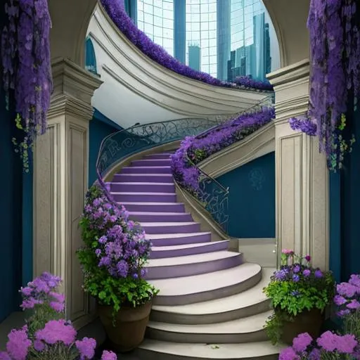 Prompt: stairway to the sky with beautiful purple flowers-Beautiful creation
