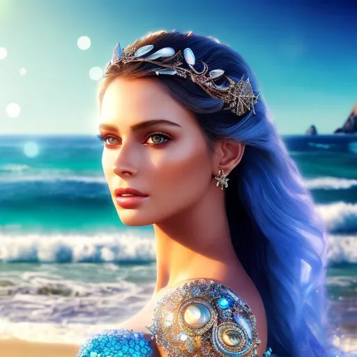 Prompt: HD 4k 3D 8k professional modeling photo hyper realistic beautiful woman ethereal greek goddess of wisdom Ocean nymph
blue hair blue eyes gorgeous face light skin shimmering dress with fish scales seashell jewelry full body surrounded by magical glowing light hd landscape background laying in ocean on beach on rocks