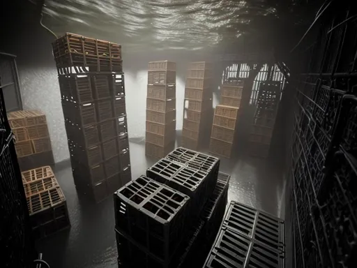 Prompt: Stacked Crago crates in the submarine hallway