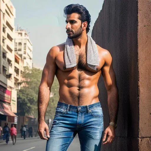 Prompt: scene of full body hyperreal tall "sensual" delhi hunk with beautiful face, delhi crossroad, "very sweaty hairy pecs", "jeans", shawl, arena, perfect composition, hyperrealistic, super detailed, 8k, high quality, trending art, trending on artstation, sharp focus, studio photo, intricate details, highly detailed, by greg rutkowski