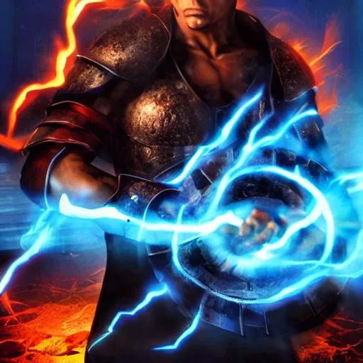 Prompt: A poster of a monk fighting, wearing armor, dark features, muscles, blue lightning emitting from fist, surrounded by fire, cinematic, in a temple, with dark colors