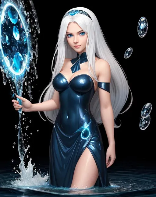 Prompt: A beautiful young 15 year old ((British)) Water elemental with light skin and a beautiful face. She has long white hair and white eyebrows. She wears a beautiful dark blue dress. She has brightly glowing dark blue eyes and water droplets shaped pupils. She wears a blue tiara. She has a blue aura around her. She is using water magic in battle against a space monster at the beach. Epic battle scene art. Full body art. {{{{high quality art}}}} ((goddess)). Illustration. Concept art. Symmetrical face. Digital. Perfectly drawn. A cool background.