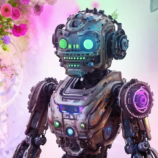 Prompt: A friendly robot with visible gears, gazing at a bouquet of colorful flowers, amazed by what it sees.