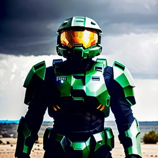 Prompt: Halo Orbital Drop Shock Trooper, hyper detailed, hyper realistic, black armor, stormy back ground, posing, HD, 8K, full body, full face, no mistakes, high resolution, photo realistic, centered