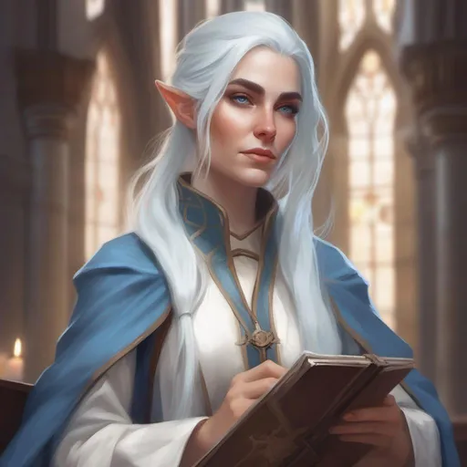 Prompt: dnd a female elf with long white hair in a loose bun and blue eyes wearing a light blue and white robe and a leather chest plate in a church 