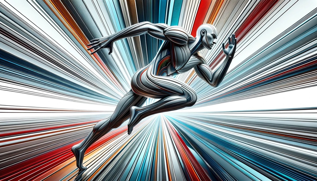 Prompt: Wide illustration of a futuristic man sprinting, his form embodying fluidity. The environment is crafted with hyper-realistic details and made primarily of glass material. Bold colors like red, blue, silver, and orange dominate, with strong lines guiding the viewer's eyes.