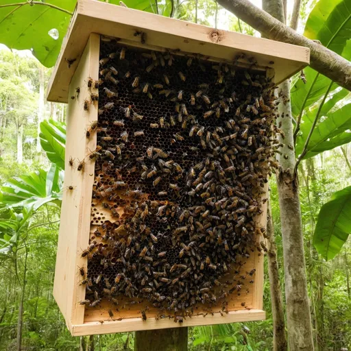 Prompt: swarm abandoning the woodenbox hive in the tropical woods