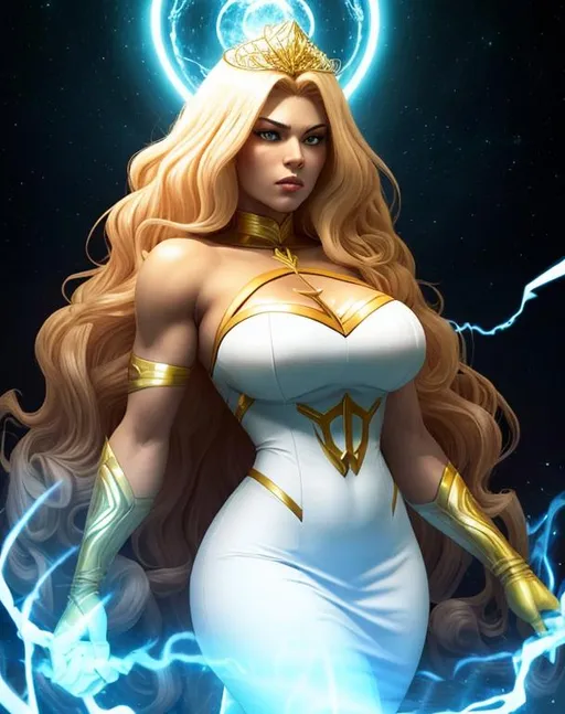 Prompt: A beautiful 25 ft tall 28 year old evil ((Latina)) light elemental queen giantess with light brown skin and a beautiful face. She has a strong body. She has curly yellow hair and yellow eyebrows. She wears a beautiful white dress with gold. She has brightly glowing yellow eyes and white pupils. She wears a gold tiara. She has a yellow aura around her. Beautiful self portrait art. Full body art. {{{{high quality art}}}} ((goddess)). Illustration. Concept art. Symmetrical face. Digital. Perfectly drawn. A cool background. Front view 