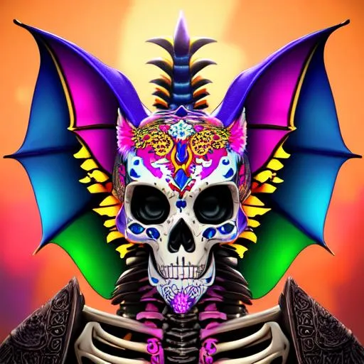 Prompt: Portrait of a Day of the Dead themed skeleton dragon with colorful markings, cute face, perfect composition, digital art, hyperrealistic, super detailed, 8k, high quality, trending art, trending on artstation, sharp focus, studio photo, intricate details, highly detailed, day of the dead inspired, mexican dragon