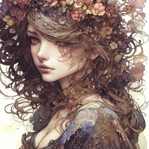 Prompt: Beautiful woman by akihiko yoshida, Baptiste Monge,  Erin Hanson, Loish 