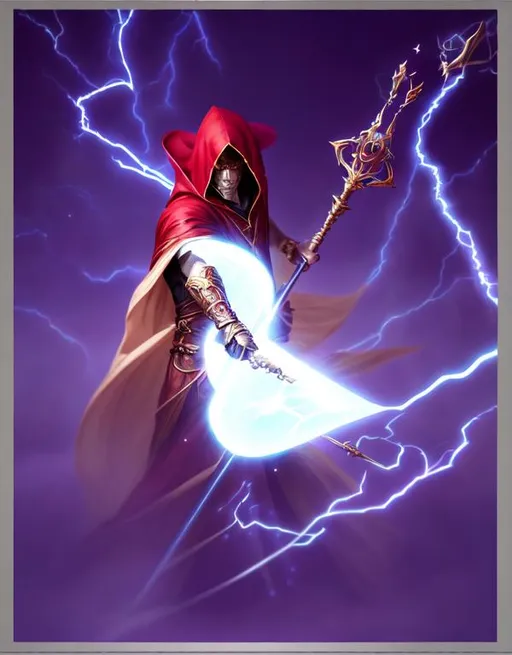 Prompt: Splash art of a grand mage holding a staff, channeling arcane magicks through a staff of gold, lightning shooting from his staff, action shot, heroic fantasy, Hd octane render flowing baggy robes of white with a red hood enhanced face
