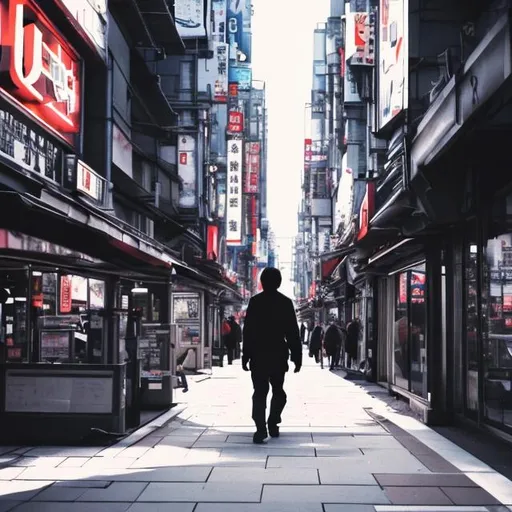Prompt: musashi walking alone in a busy street of a urban city 