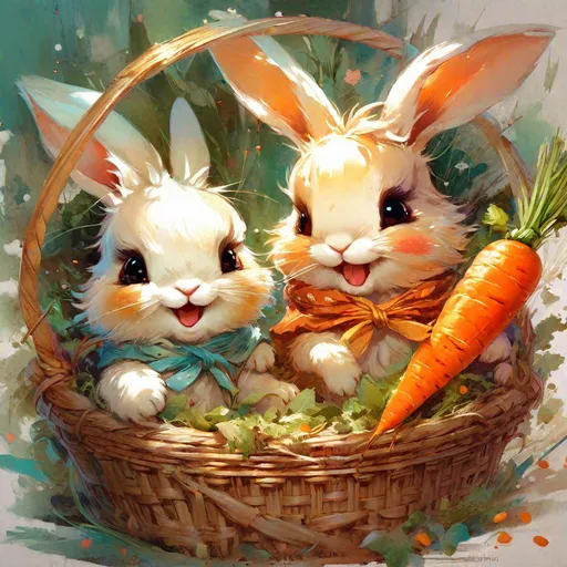 Prompt: "Two chibi happy joyful bunnies frolicking in a basket of carrots. "anime portrait by carne Griffiths, Krenz Cushart, Huang Guangjian and Akihiko Yoshida; r/Art; a masterpiece; splash art by Disney :: centered""