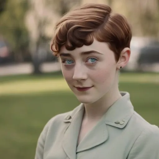 Prompt: Saoirse Ronan with a 1950s era pixie cut.