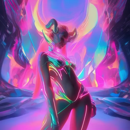 Prompt: a beautiful female demon in a dynamic pose in a retro futuristic synthwave cyberpunk neon paradise.  neon lighting, high quality, beautiful, masterpiece, artistic, synthwave, cyber, retro, futuristic