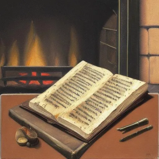 Prompt: An oil painting of an ancient manuscript sitting on a table in a small kitchen in front of a fireplace