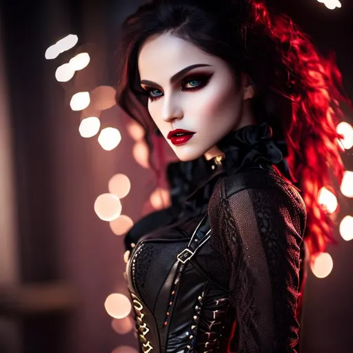 Prompt: cgi high resolution female vampire, full body portrait, petite body, intricate blonde hair, red lace up corset, tight black leather pants, angular facial features, intricate light colored eyes, soft skin texture