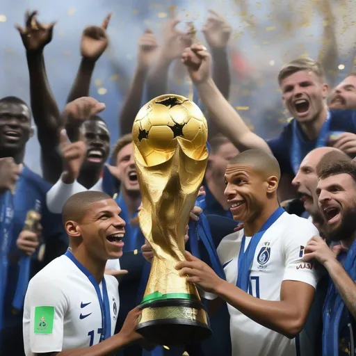 Prompt: make Kylian Mbappe
  win a world cup and celebrate with the french boys soccer national team holding the fifa world cup trophy









