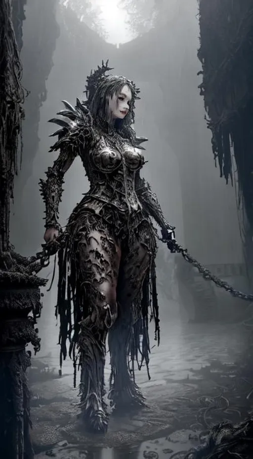 Prompt: full body portrait of fantasy woman with grimacing look in wet ornate organic living armor weilding a huge longsword in a dynamic action pose, in a decayed castle environment with bones and rusty chains, wearing armored boots, greaves, sabatons, standing against a backround of fog, foggy, eerie, wide angle shot, dutch angle, low angle shot, cinematic lighting, red fog, red background glow, dark, moody, greasy, vibrant, wet --ar 9:16