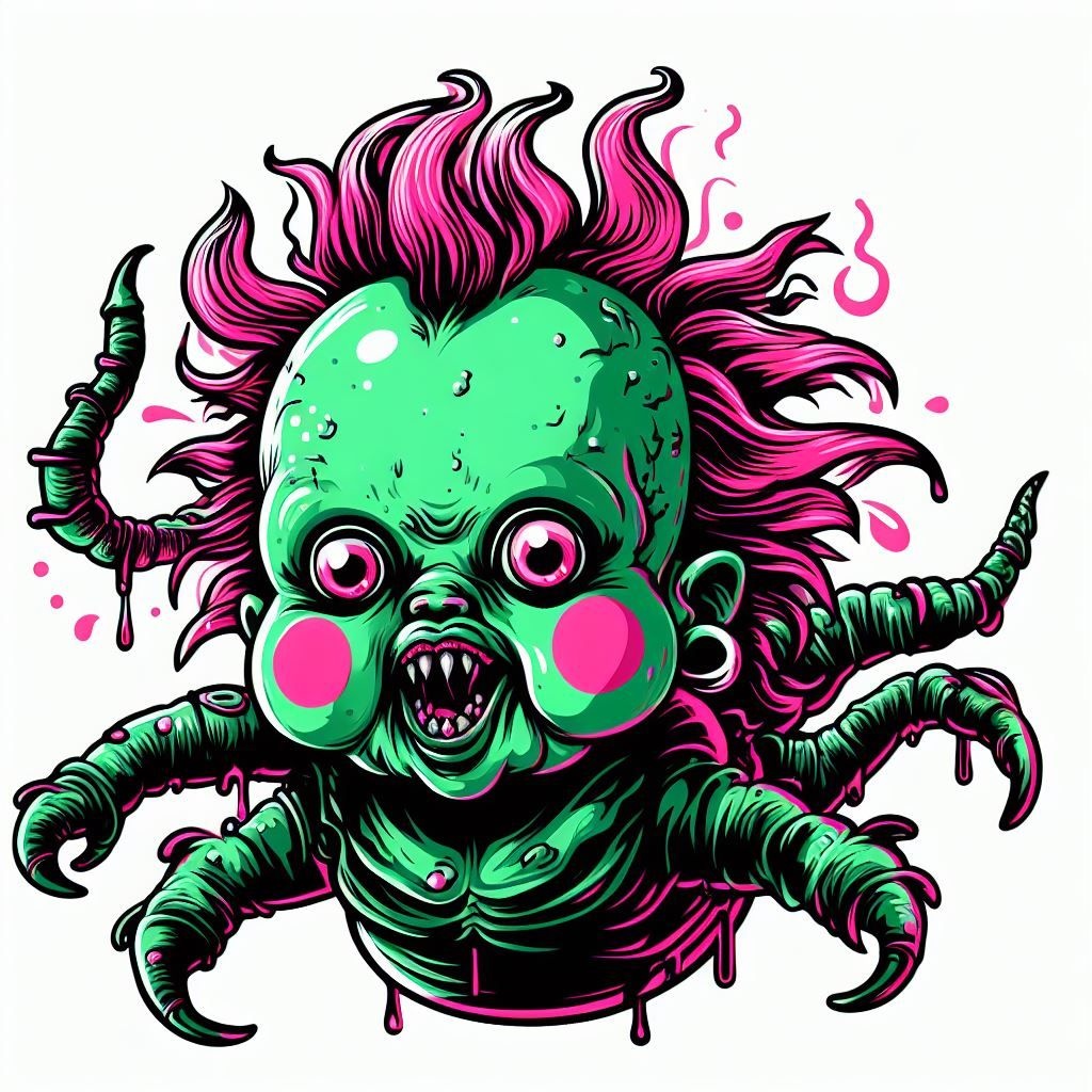 Prompt: bbbooboo caricature by juliece mcdonald, in the style of industrial horror, pink and green, babycore, twisted, berrypunk, horror film, wildstyle