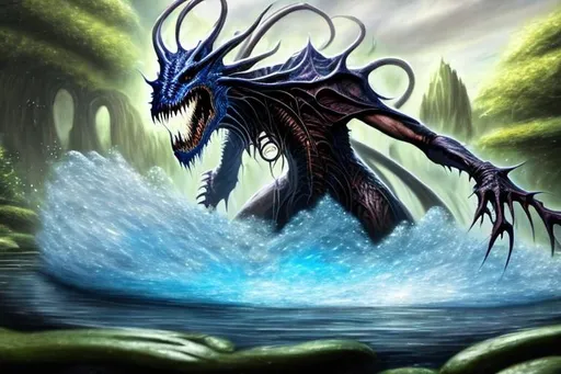 Prompt: Magic, the Gathering art style large phyrexian creature crashing into a small pond which creates a very large water splash and wave. This is happening on a sunny day outdoors, but the water from the wave makes it seem darker