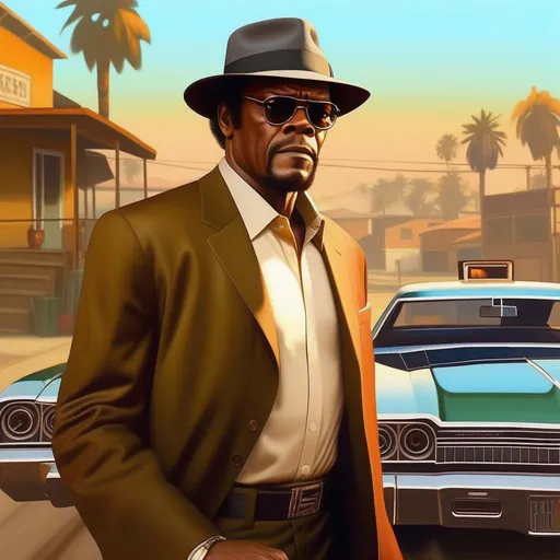 Prompt: Samuel L Jackson in GTA San Andreas, guns, cartoony, sunny atmosphere, extremely detailed painting by Greg Rutkowski and by Henry Justice Ford and by Steve Henderson