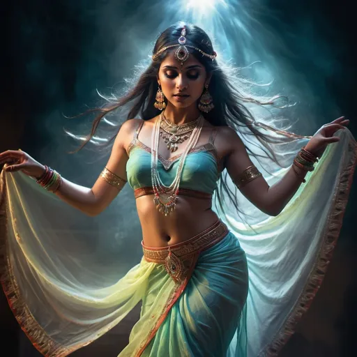 Prompt: Ghost of an Indian dancer in fantasy art style, ethereal and transparent figure, flowing traditional attire, intricate jewelry with glowing gemstones, haunting and mesmerizing gaze, supernatural aura, misty atmosphere, vibrant and rich color palette, glowing and ethereal lighting, high quality, fantasy art, Indian dancer, transparent figure, flowing attire, glowing jewelry, haunting gaze, supernatural, misty atmosphere, vibrant colors, ethereal lighting, dancing pose full body
