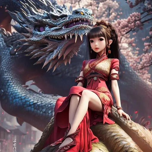 Prompt: gorgeous oriental woman in national clothes sitting next to a big dragon creature, red dress, tender beautiful face, cute face, dark hair, detailed skin, watercolor, stunning, historical clothes, stunning oriental clothes, national clothes, mid shot, oriental town, blowing sakura, tender cozy lightning, beautiful, cute, detailed face, 3dart, pixar trend, best quality, unreal engine, cozy lighting, intricate details, detailed drawing, atmospheric, best quality, unreal engine, cozy lighting, detailed digital painting, cinematic, hyper realistic, trending on artstation, aesthetic, inspirational, cartoon, illustration, deviantart