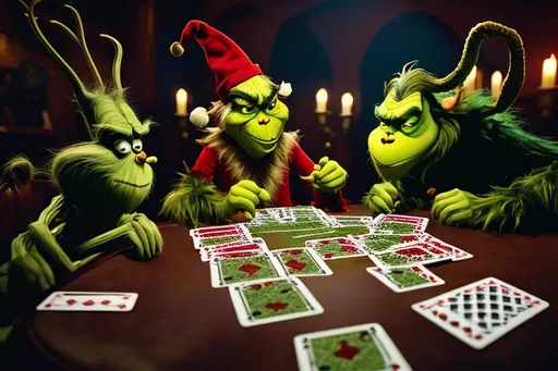 Prompt: create a dark picture showing Rudolf and the grinch playing cards at a table other 6 players, leave space in between the two main characters for text
