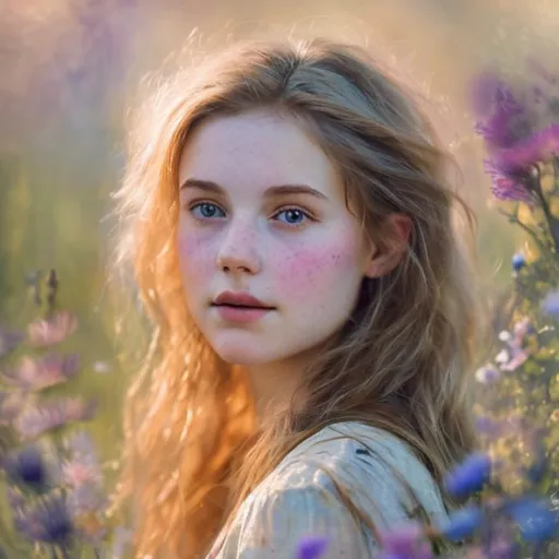 Prompt: young light haired woman of ethereal beauty, soft spotlight, surrounded by vibrant and faded wildflowers, watercolor monet style, closeup of face 