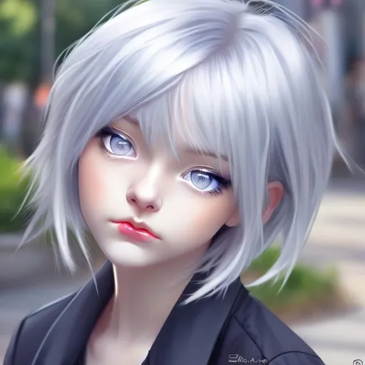 Prompt: young woman,  silver hair that is short , bored expression, blue eyes, plump lips, anime style