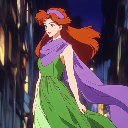 Prompt: 90's anime, cel shaded. A young redheaded woman wearing a head band, purple dress and green chiffon scarf around her neck 