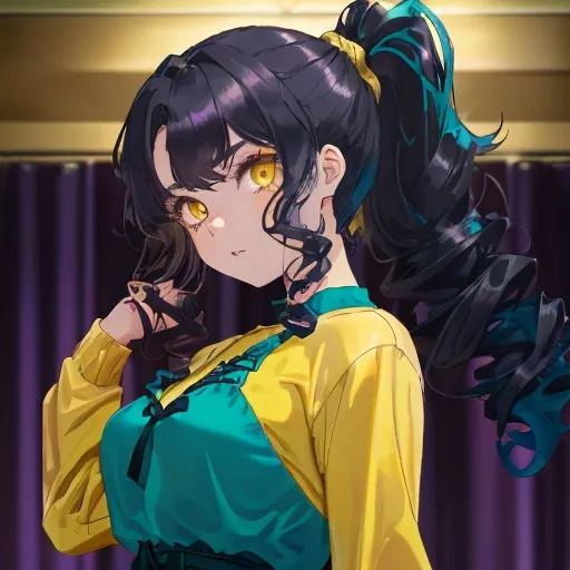 Prompt: Teenage girl with curly dark turquoise hair tied into a ponytail and golden yellow eyes wearing a purple dress