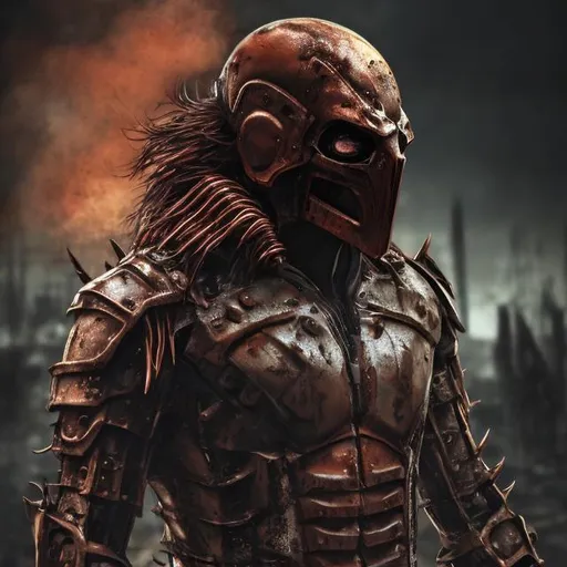Prompt: Redesigned Gritty metal copper (some iodised) detailed metal bone armour (X-Men style). dark evil wolverine. Bloody. Hurt. Damaged mask. Accurate. realistic. evil eyes. Slow exposure. Detailed. Dirty. Dark and gritty. Post-apocalyptic Neo Tokyo with fire and smoke .Futuristic. Shadows. Sinister. Armed. Fanatic. Intense. 