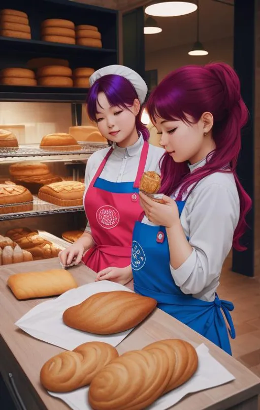 Prompt: vibrant hair, busy time a the bakery, baking, 2 girls, apron, mole under eye, mole on body, indoors, ((full body)) {{good looking}} {{cute}} {{good body}} {{tight}}, symmetrically colored hair, {{shadows}},
