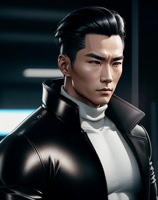 Prompt: perfect composition, {30 year old}, lean muscular korean man, wearing  futuristic {black turtleneck trench coat}, {dark hair slicked back}, clean shaven, extra masculine, peak fitness, determined expression, looking at viewer, 8k eyes, detailed face, wlop, stanley artgerm lau, artstation, hd, octane render, hyperrealism intricate details, 8k, cinematic volumetric light, proportional, art trending on artstation, sharp focus, studio photo, intricate details, highly detailed, intricate artwork masterpiece, ominous, intricate, epic, trending on artstation, highly detailed, vibrant, production cinematic character render, ultra high quality model, 