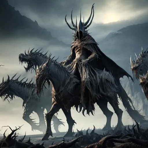 Prompt: realistic photo of dreadful Witch-king of Angmar, surrounded by Fearsomee Wargs, volcano background, 4k, highly detailed, intricate details, 