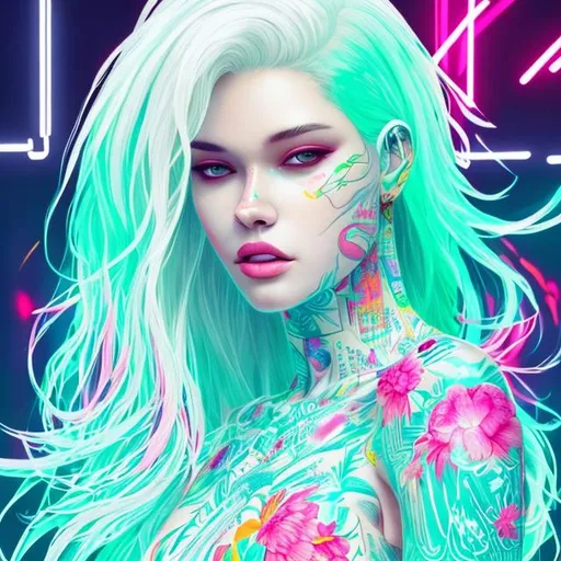 Prompt: beautiful woman. white skin color. clock tattoos. long dyed hair. full body, neon clothing, jewelry, realistic. futuristic. high detail.