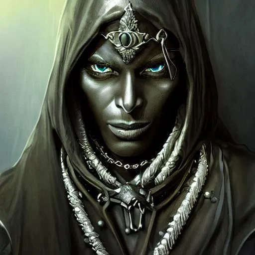 Prompt: a portrait of a dark drow elf male, dark hood, young adult, amber alert eyes, midnight skin, silver chain around neck, curious, style by donato giancola, wayne reynolds, jeff easley dramatic light, high detail, cinematic lighting, artstation, dungeons and dragons