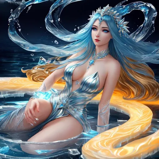 Prompt: Magnificent Epic Beautiful Icy (Beautiful melancholy {goddess}female liquid satin}), hyper realistic, expansive ice background, hyper realistic, 8K --s99500