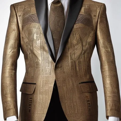 Prompt: Men's suit filled with pharaonic inscriptions mixed with a modern cut with Italian elegance