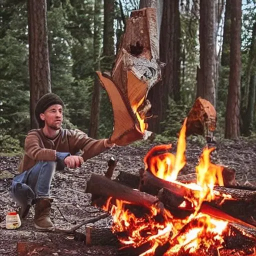 Prompt: a guy with a tree as a head, he is burning some wood by the campfire, he is tall.