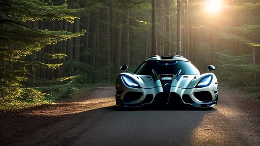 Prompt: koenigsegg regera wide body heavily modified at illegal meet, dark and shadowy background, in the Canadian forest, 30 minutes after sunset, long depth of field.