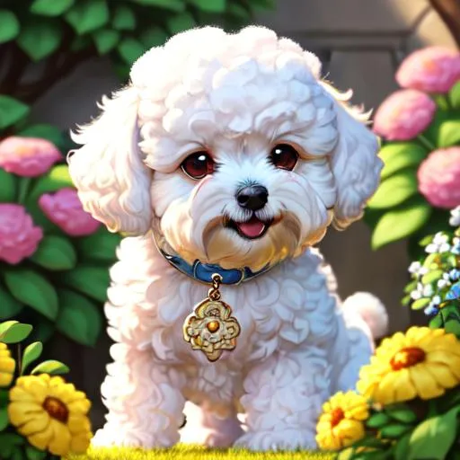 Prompt: Highly realistic of Bichon Havanais dog,cute,pretty eyes,Adorable,happy,playing,masterpiece,epic,soft lighting,fancy,highly detailed,Sharp focus,garden,full of flowers and plants,riches,blue sky,cloudy,ultra-fine detailed,aesthetic,ilustration,artstation