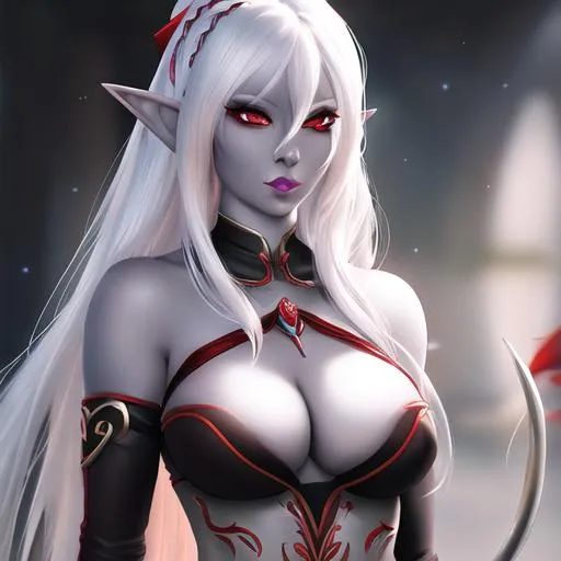 Prompt: a realistic beautiful drow elf with pale skin, red eyes and white hair, holding bow, extra detailed, busty, 8K
A hunter from D&D universe.
 