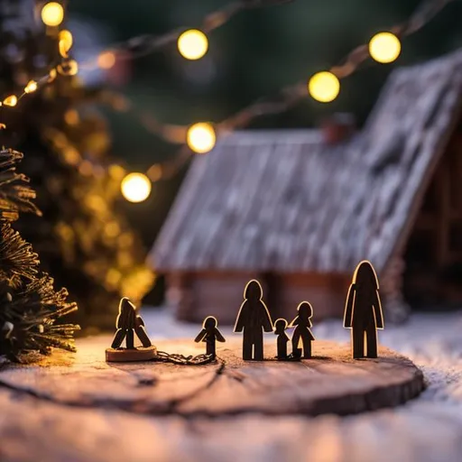 Prompt: tiny wooden family with dog in backyard of log cabin, string lights, moon at night



