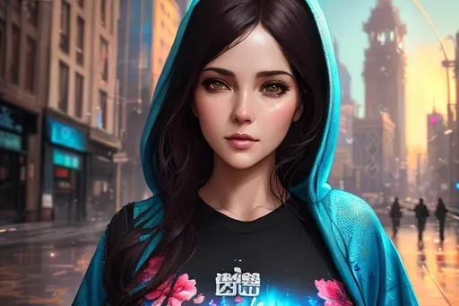 Prompt: City setting, realistic beautiful young woman wearing a graphic t-shirt under a floral hoodie, 4K, 8K, photorealistic, Intricately detailed front facing elaborate beautiful intricate glistening face bright eyes painting by Ismail_Inceoglu Tom Bagshaw Dan Witz CGSociety ZBrush Central fantasy art 4K, digital painting, digital illustration, extreme detail, digital art, ultra hd, tumblr aesthetic, hd photography, hyperrealism, extreme long shot, telephoto lens, motion blur, wide angle lens, deep depth of field, warm, anime Character Portrait, Symmetrical, Soft Lighting, Reflective Eyes, Pixar Render, Unreal Engine Cinematic Smooth, Intricate Detail, anime Character Design, Unreal Engine, Beautiful, Tumblr Aesthetic, Hd Photography, Hyperrealism, Beautiful Watercolor Painting, Realistic, Detailed, Painting By Olga Shvartsur, Svetlana Novikova, Fine Art