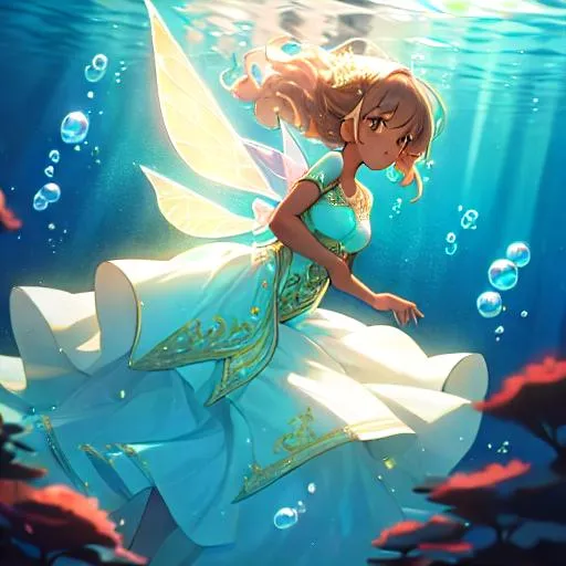 Prompt: pretry fairy, in a highly detailed ornate dress, sparkles, brown skin, underwater, light hair