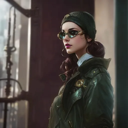 Prompt: steampunk, (high quality)+, (high texture)+, (ultra detailed)+, (detailed background)++, (perfect anatomy)+, (proper finger structure)+, (quality artwork)+, (mature woman)++, solo, detailed face, black hair, long hair, shiny hair, detailed hair, iridescent eyes, detailed eyes, goggle with neon trim++, (leather gloves)++, detailed accessories, detailed body)++, shiny skin, (fair skin)+, detailed skin, (bronze gears)++, road++, rain background++, (metal trees)++, (full body)+++, (sepia tones)++, (from ahead)++